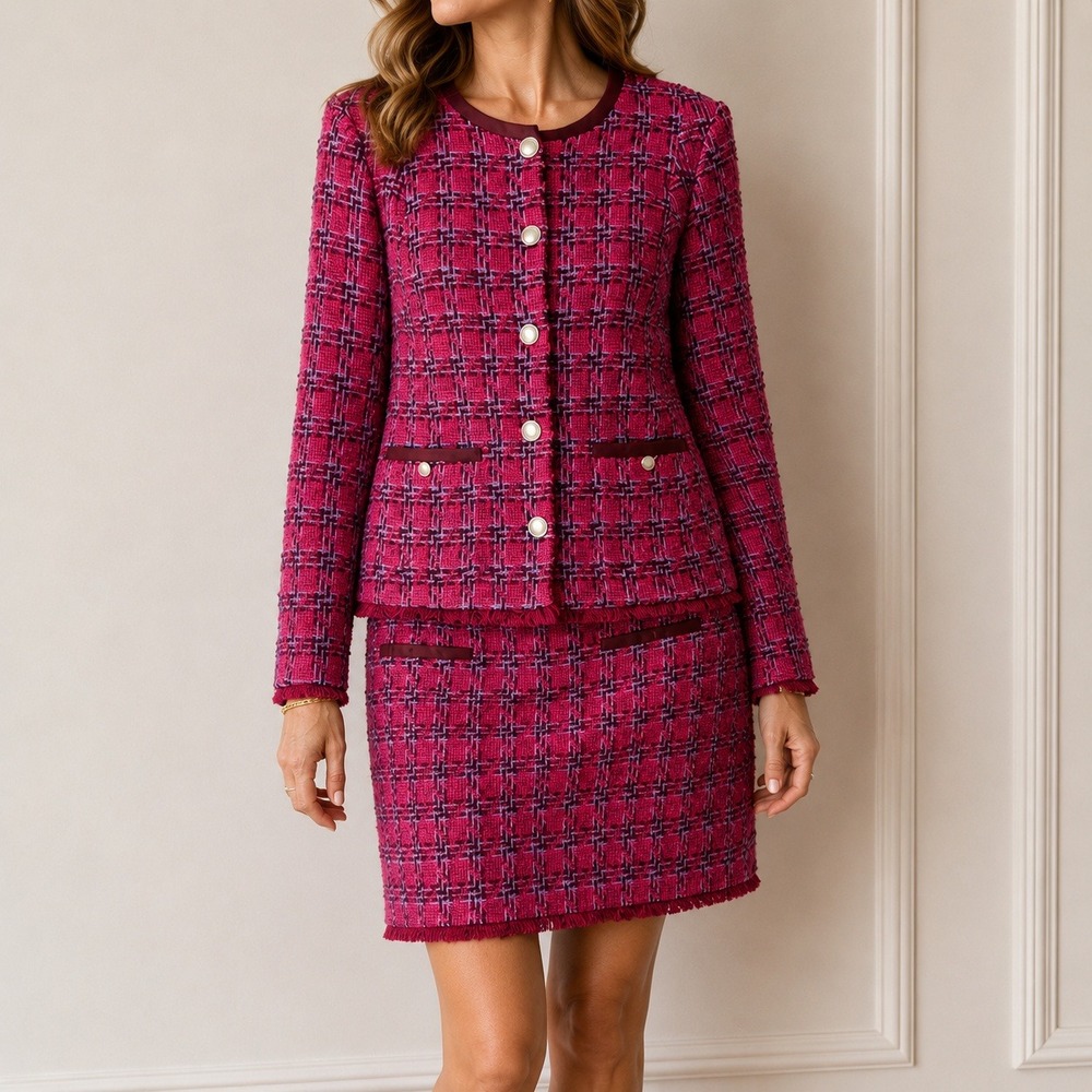 G by Giuliana Pink Purple Plaid Tweed Skirt Suit Set Fringed Skirt-16W Jacket-1X